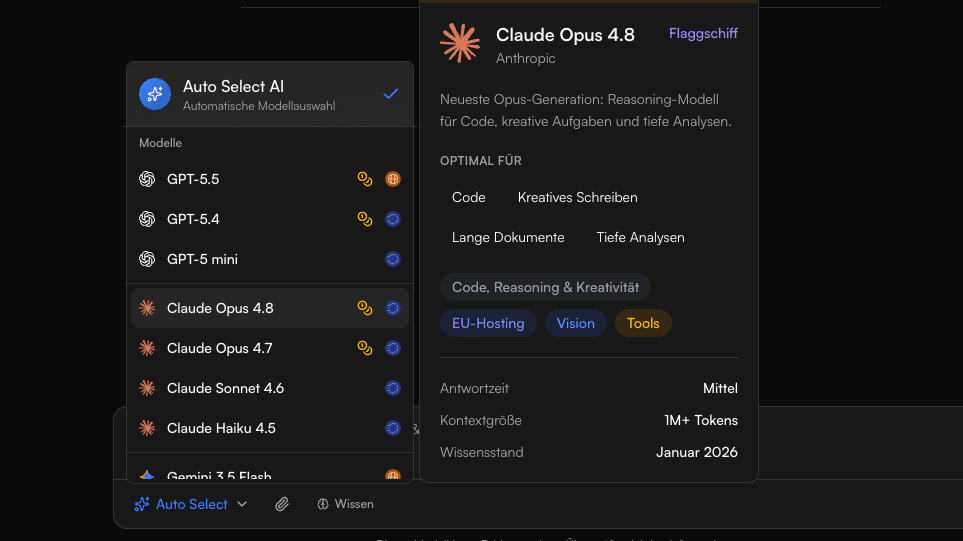 Claude Opus 4.8 in the Corporate LLM model picker, selected as the flagship model, EU-hosted and GDPR-compliant.