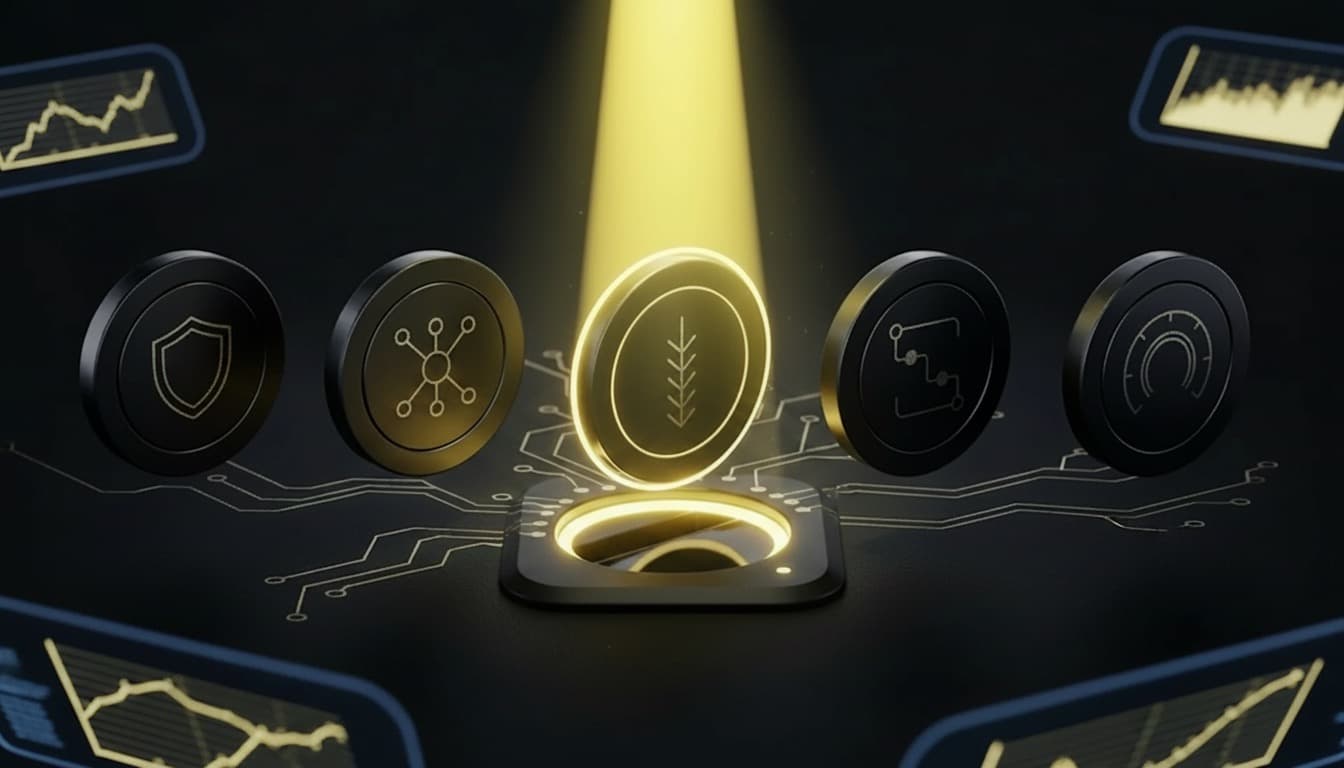 Four abstract SaaS solution discs on a dark brushed-metal surface; the central disc with an arrow icon docks into the slot and is highlighted by a warm yellow spotlight. Brand visual for the four platform routes for mid-sized companies in 2026.