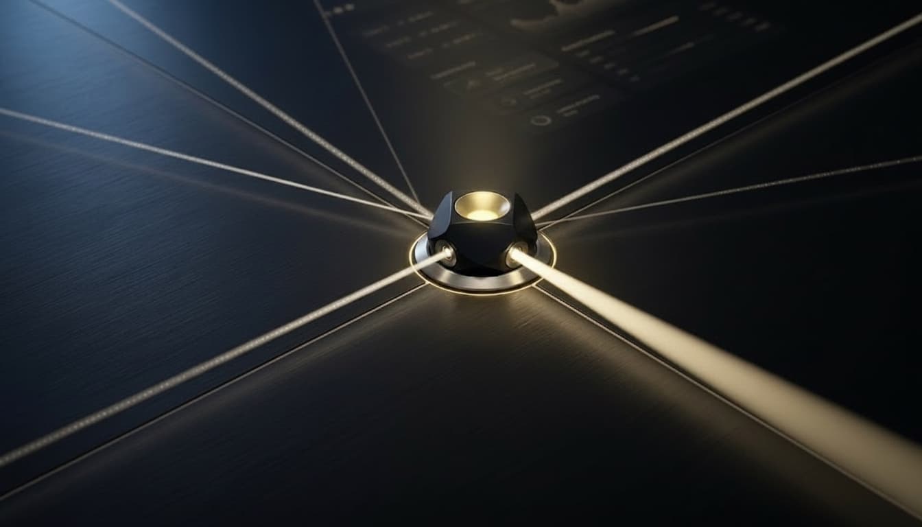 Goldener Knotenpunkt mit vier Lichtstrahlen als Brand-Visual für die Multi-Model-Plattform CorporateLLM.