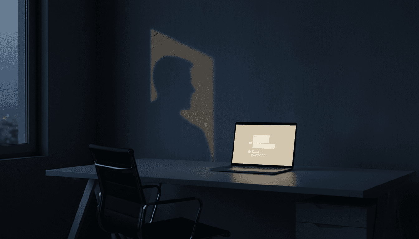 A dark office at night: a laptop with a glowing chat interface casts the shadow silhouette of a person onto the wall behind the empty desk chair. Brand visual for shadow AI in the workplace.