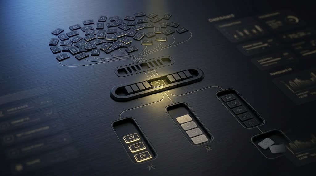 CGI-Decision-Tree auf gebürsteter Metall-Oberfläche: oben ~50 obsidian CV-Plates als unsortierter Eingang, Mitte ein warm-gelb beleuchtetes Scoring-Gate, das die Rubrik anwendet, unten drei separate Tier-Kanäle A/B/C plus eine abgesetzte Knockout-Mulde. Brand-Visual für das CorporateLLM-CV-Screening-Pattern.